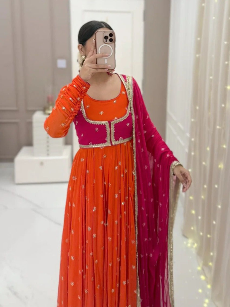 Elegant Ethnic Traditional Festive Orange Georgette Anarkali Suit