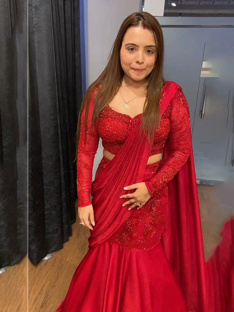 Elegant Ethnic Festive Red Satin Silk Saree