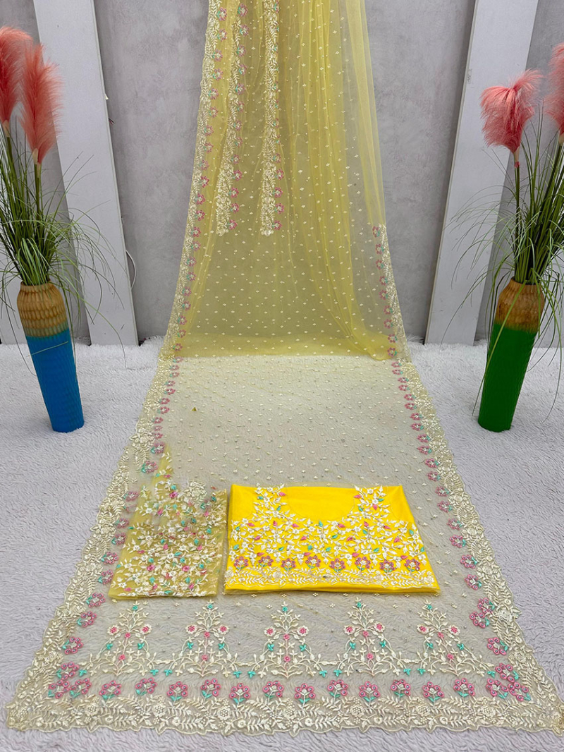 Designer Elegant Ethnic Yellow Soft Net Saree