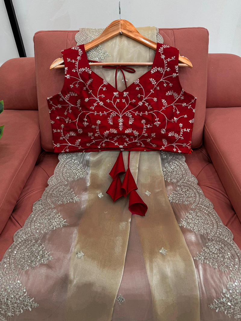 Authentic Traditional Ethnic Festive Champagne Jimmy Choo Silk Saree