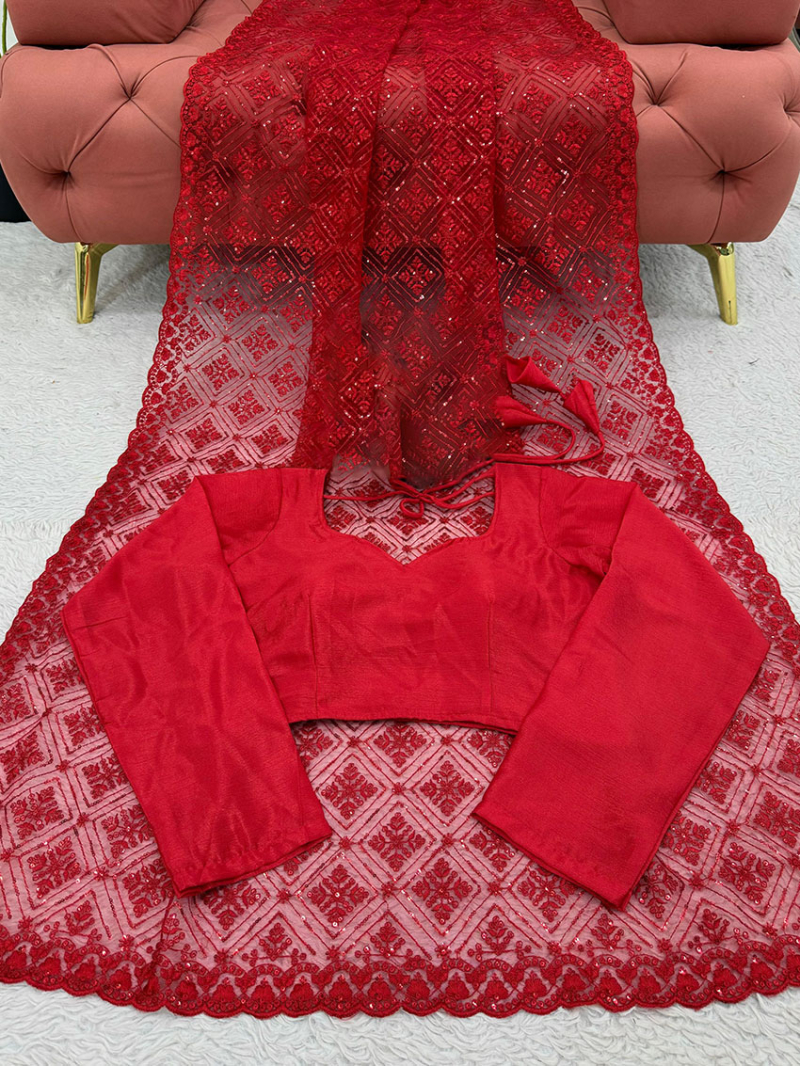 Elegant Traditional Festive Crimson Red Soft Net Saree