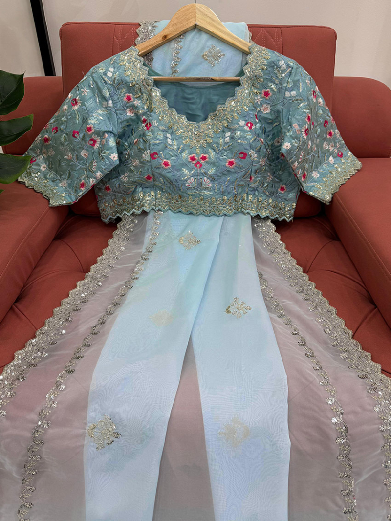 Authentic  Elegant Traditional Festive Light Blue Tabby Silk Saree