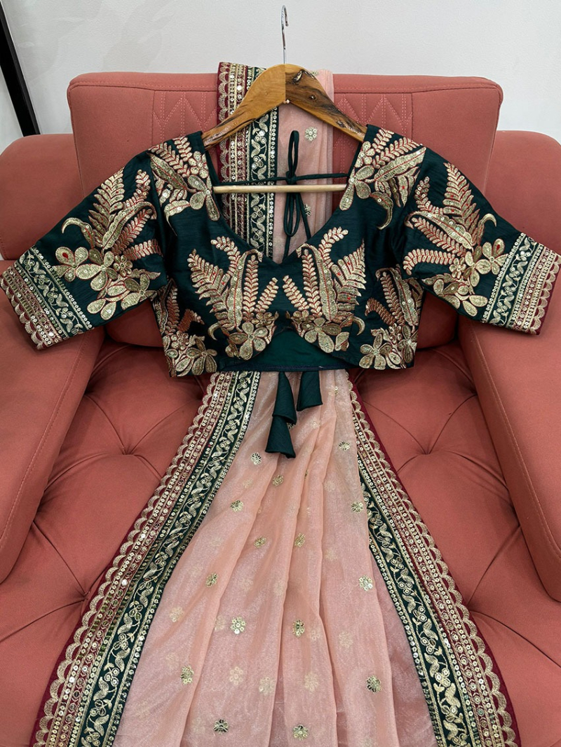 Elegant Ethnic Traditional Light Peach Twill Net Saree