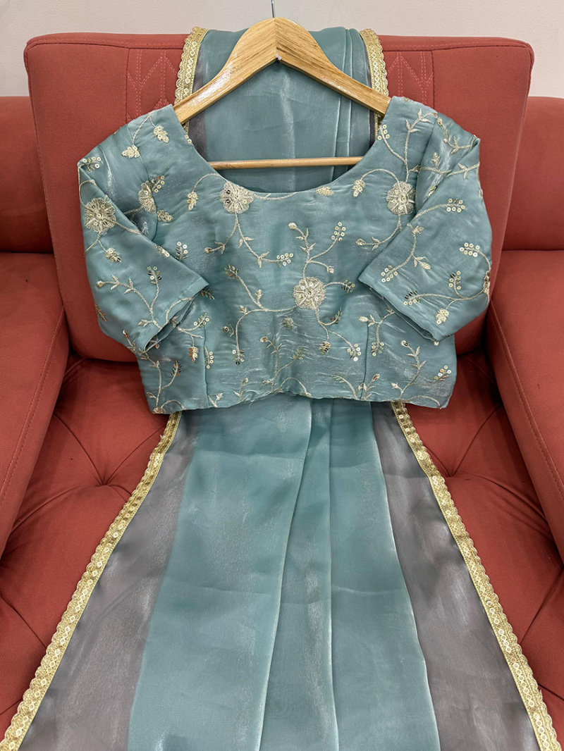 Designer Ethnic Festive Dusty Teal Green Jimmy Choo Saree