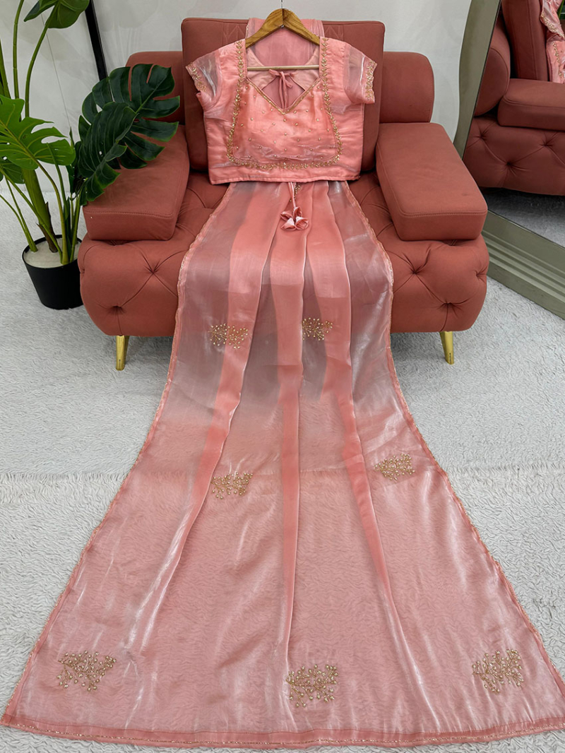 Designer Ethnic Festive Pastel Peach Jimmy Choo Silk Saree