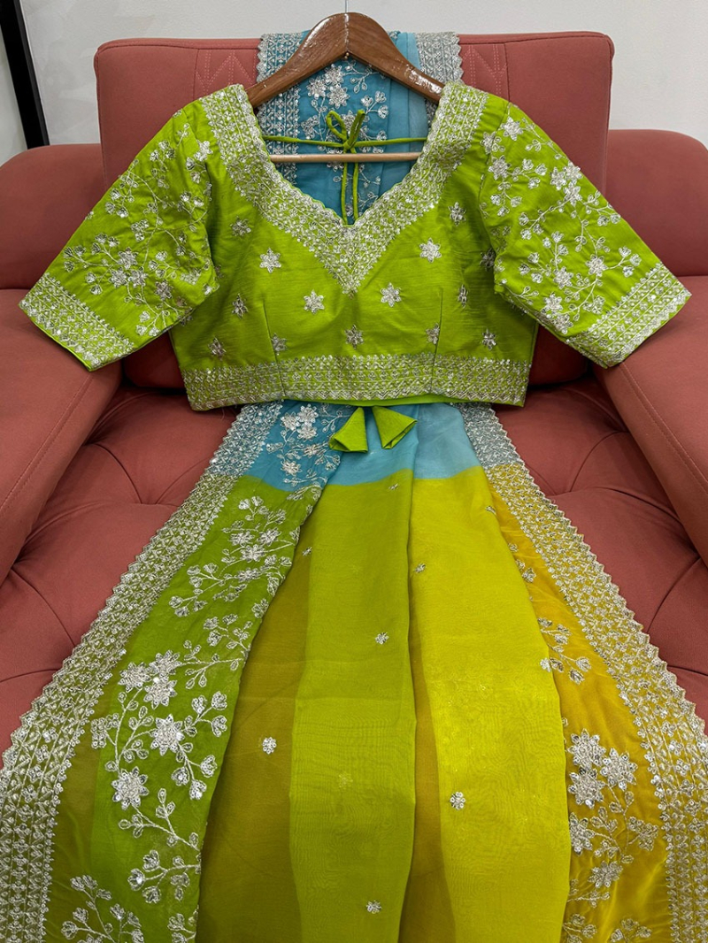 Traditional Festive Ethnic Lime Green & Yellow Ombre Tabby Silk Saree