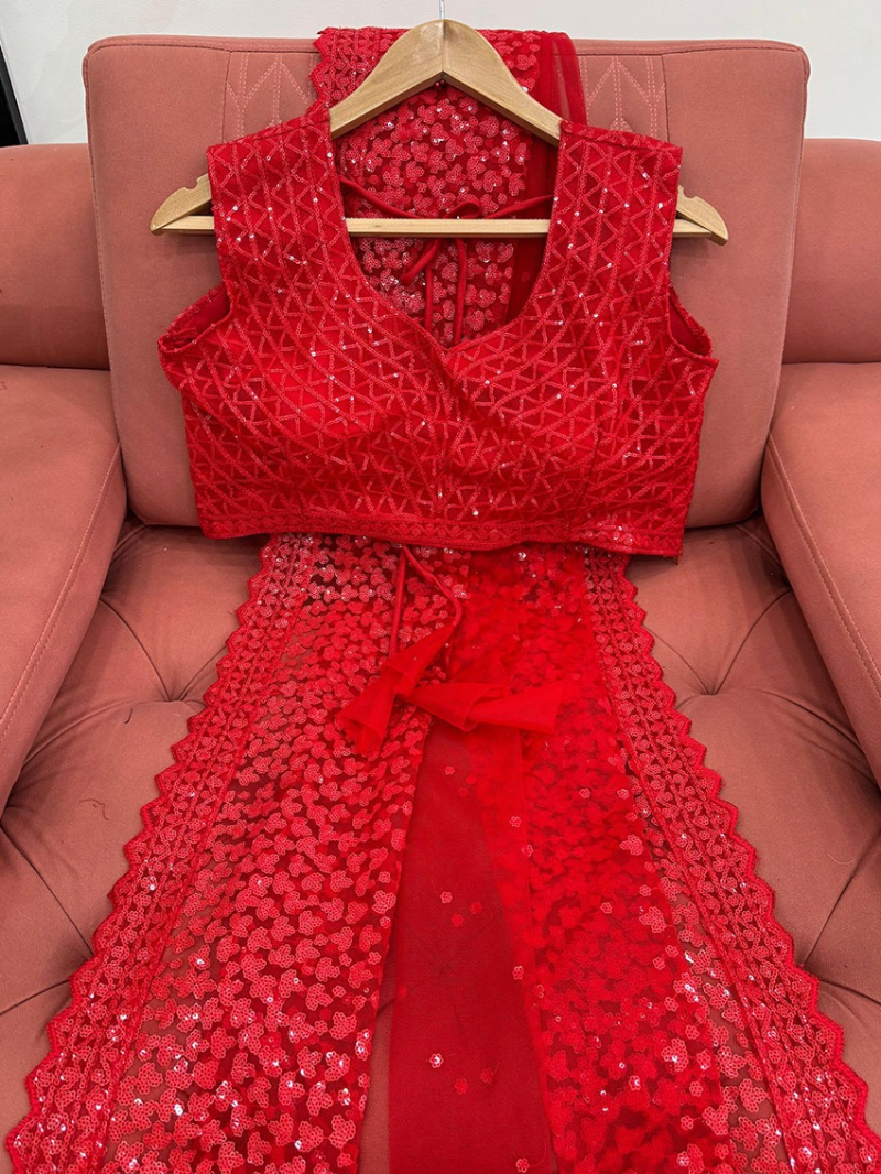 Designer Festive Traditional Red Soft Net Saree