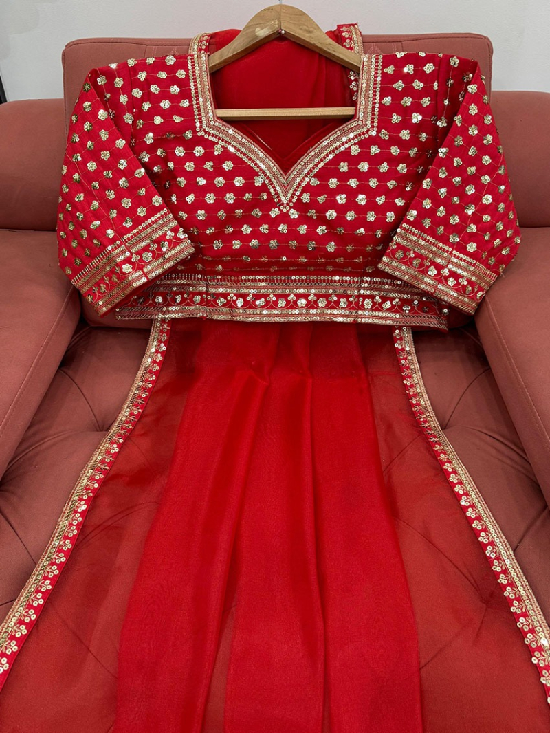Traditional Festive Ethnic Red Organza Silk Saree