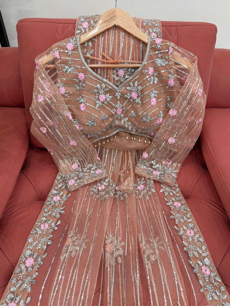 Elegant Ethnic Festive Traditional Pastel Peach Soft Net Saree