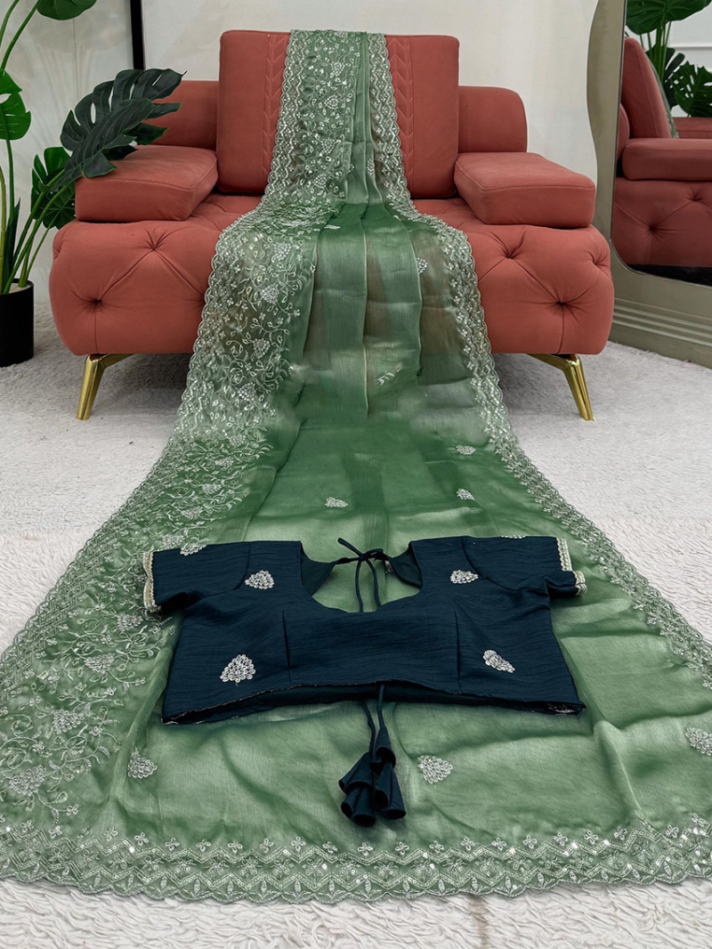 Traditional Ethnic Festive Basil Green Burberry Silk Saree