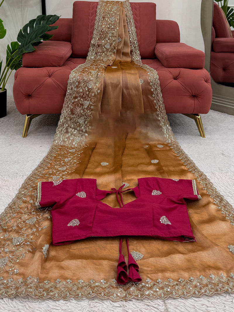 Ethnic Traditional Festive Copper Gold Burberry Silk Saree