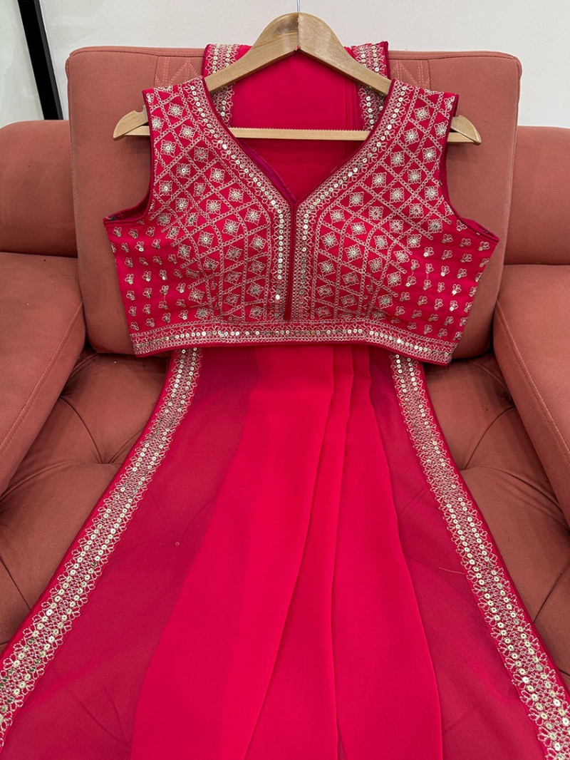 Elegant Traditional Ethnic Festive Red Pink Georgette Saree