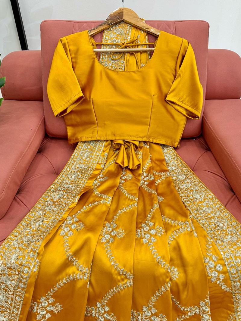 Authentic Traditional Ethnic Festive Mustard Japan Satin Silk Saree