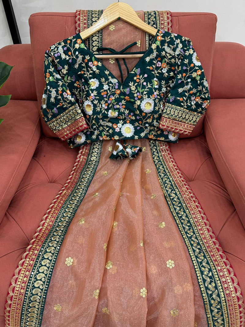 Authentic Festive Traditional Pastel Peach Twill Net Saree