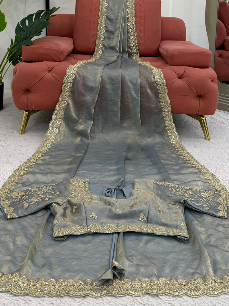 Authentic Ethnic Festive Traditional Grey Fendi Silk Saree