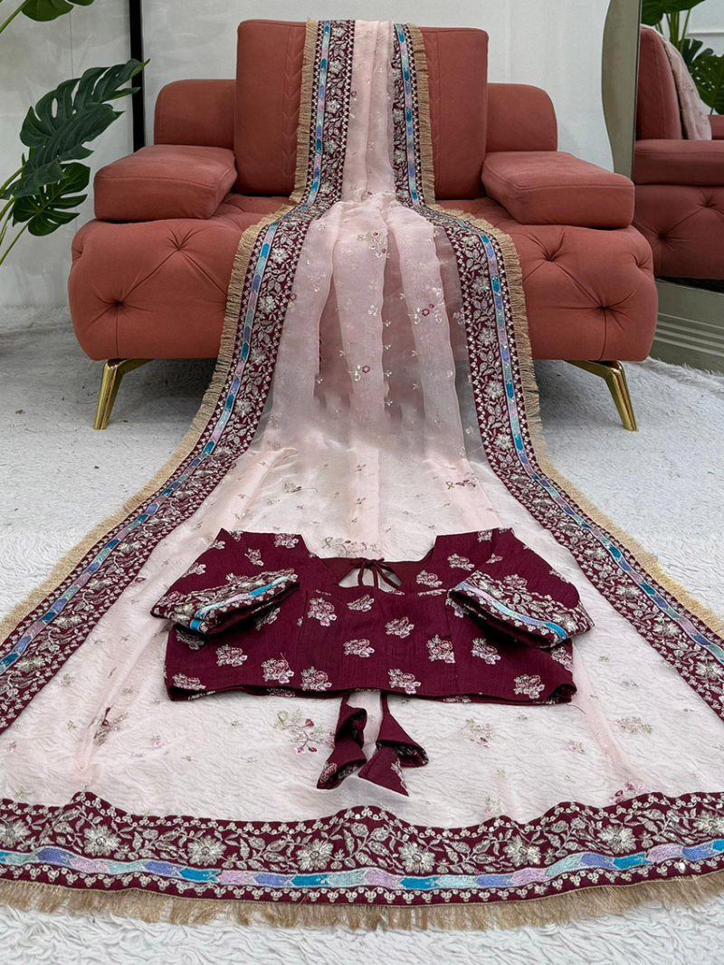 Traditional Festive Ethnic Blush Pink Organza Silk Saree
