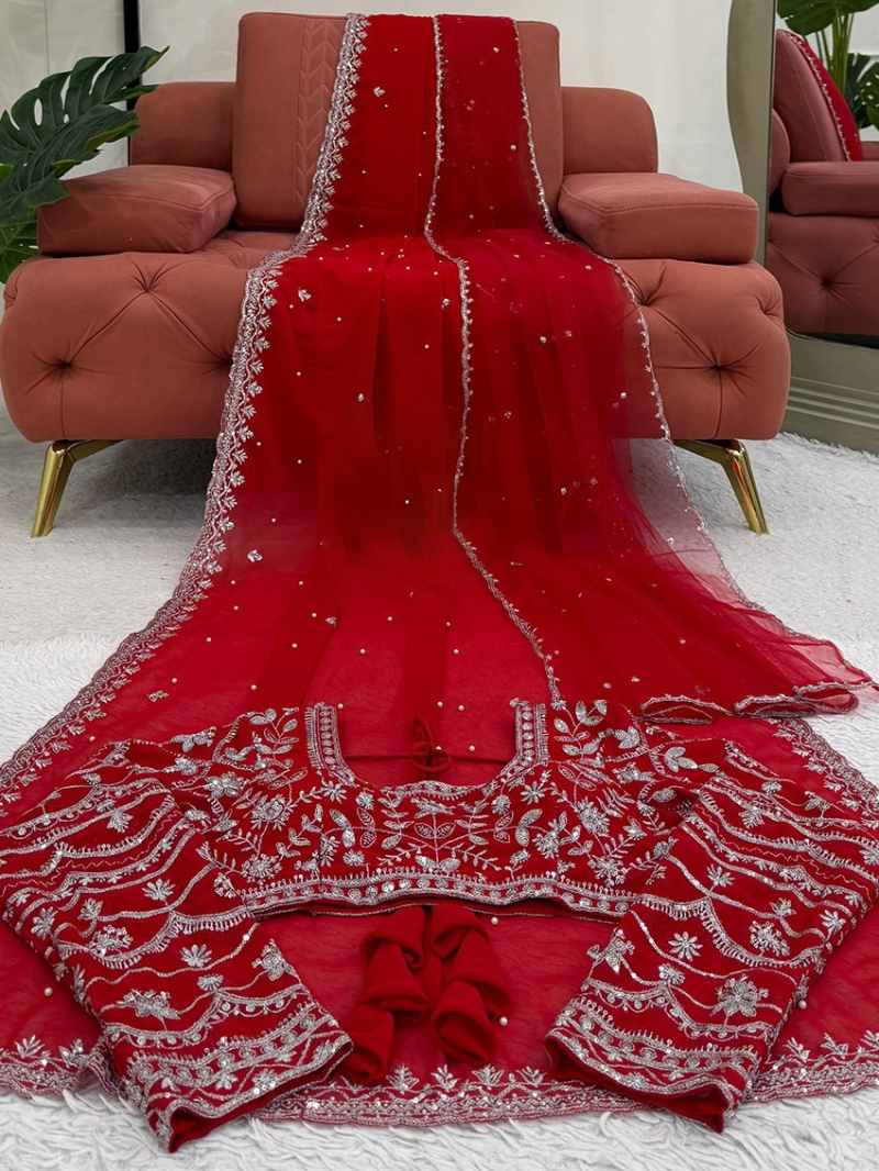 Elegant Ethnic Traditional Festive Red Georgette Saree
