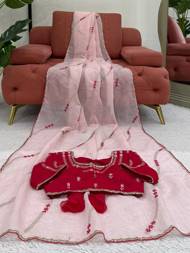 Traditional Ethnic Elegant Festive Light Pink Crunchy Silk Saree