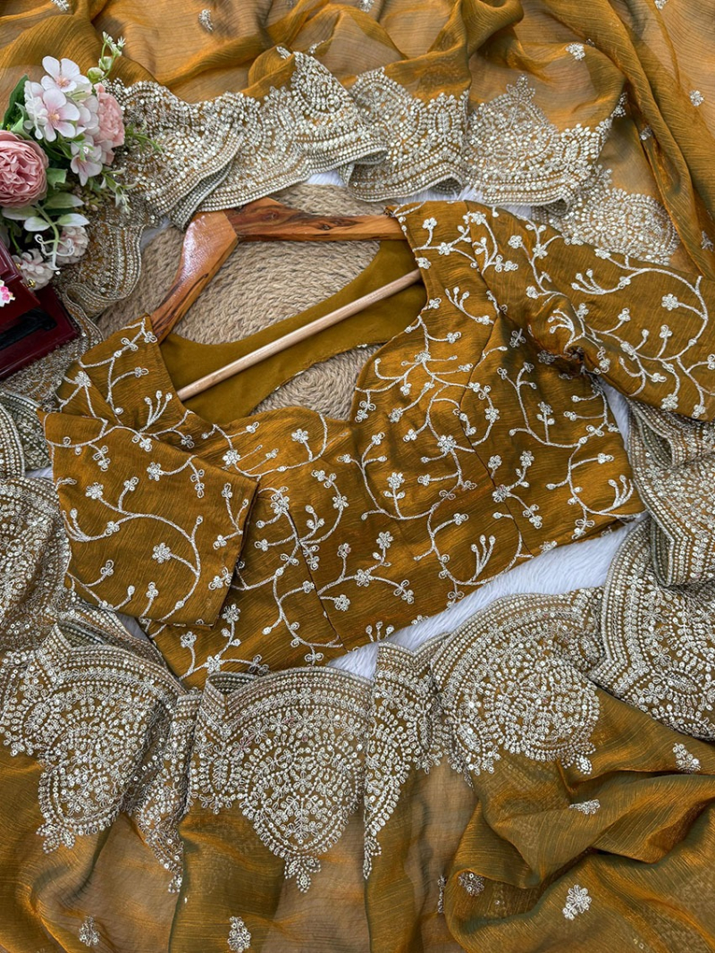 Authentic Elegant Ethnic Festive Golden Brown Fendi Chiffon Saree