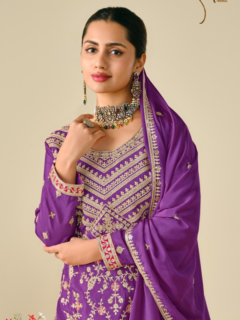 Elegant Festive Traditional Purple Chinnon Silk Plazo Suit
