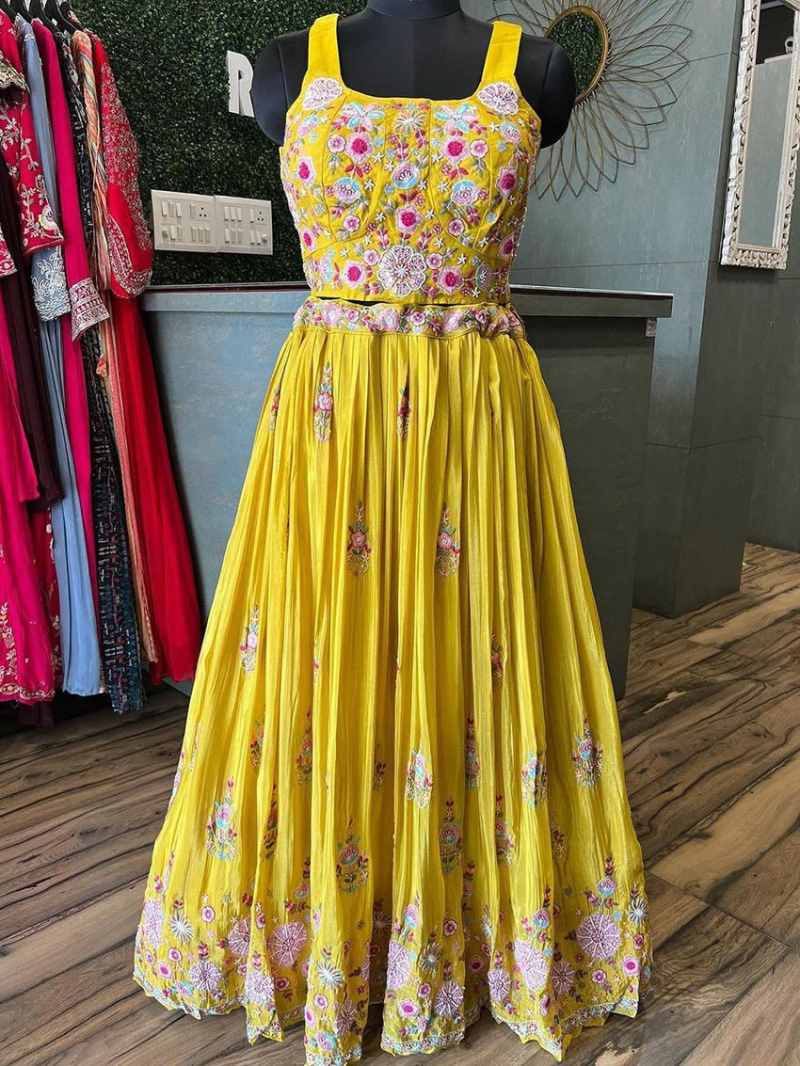 Designer Ethnic Elegant Yellow Chinnon Lehanga Suit