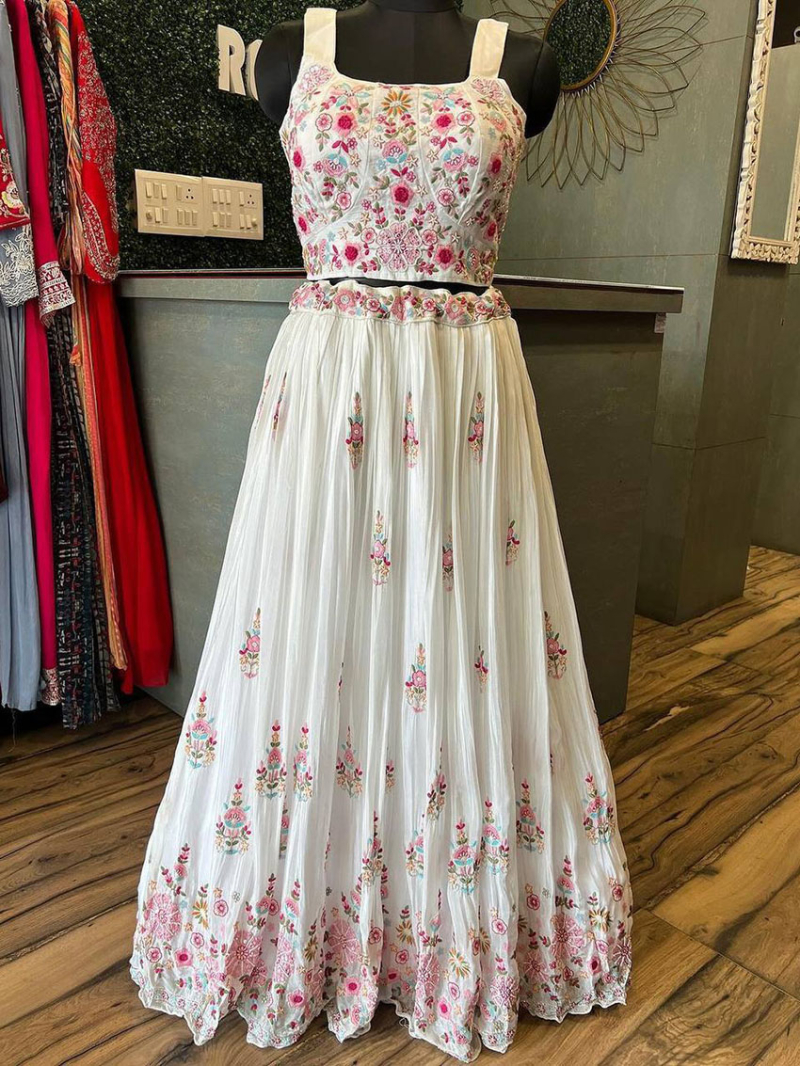 Designer Traditional Elegant White Chinnon Lehanga Suit