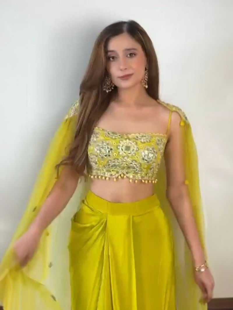 Designer Elegant Lime Yellow French Silk Shrug With Drapped Dhoti