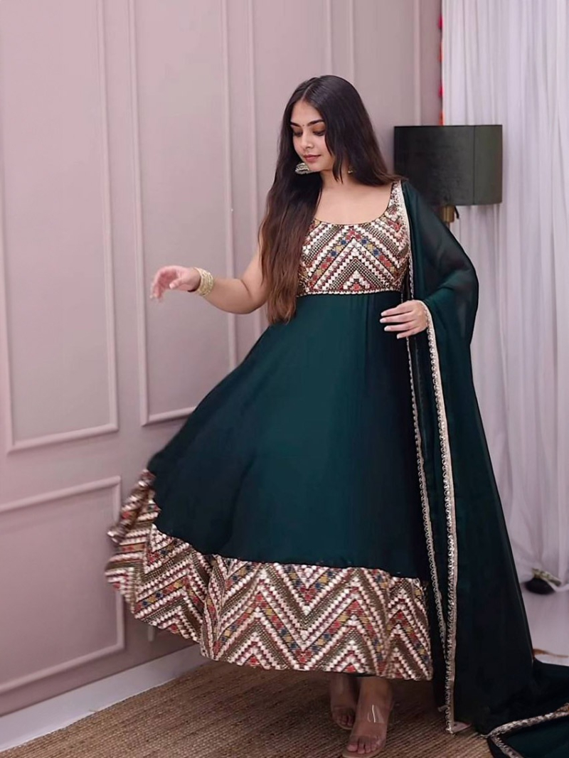 Elegant Traditional Ethnic Bottle Green Georgette Anarkali Suit
