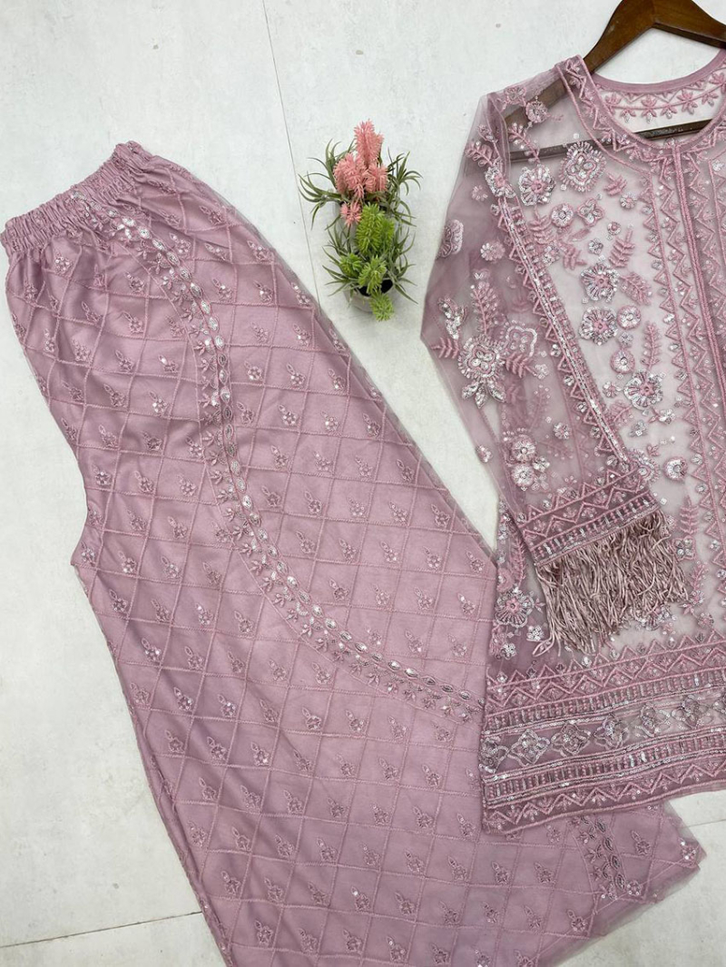 Designer Elegant Ethnic Mauve Butterfly Net Plazo Suit