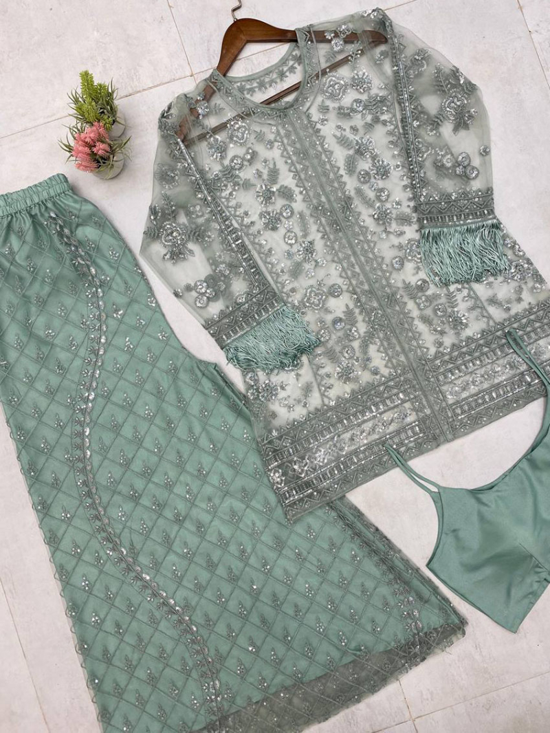 Elegant Ethic Festive Mint Green Butterfly Net Plazo Suit