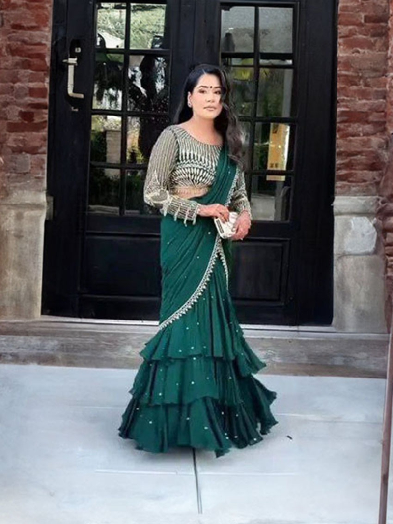Designer Elegant Ethnic Deep Emerald Green Georgette Saree