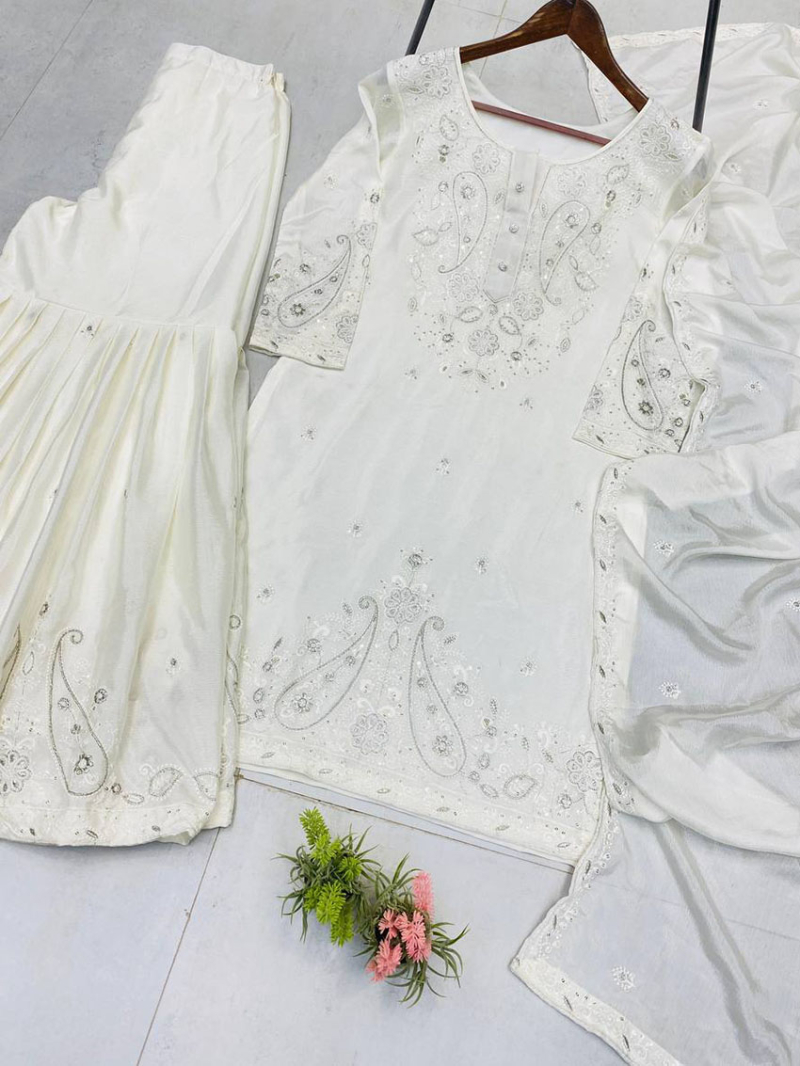 Designer Elegant Ethnic White Chinnon Sharara Suit