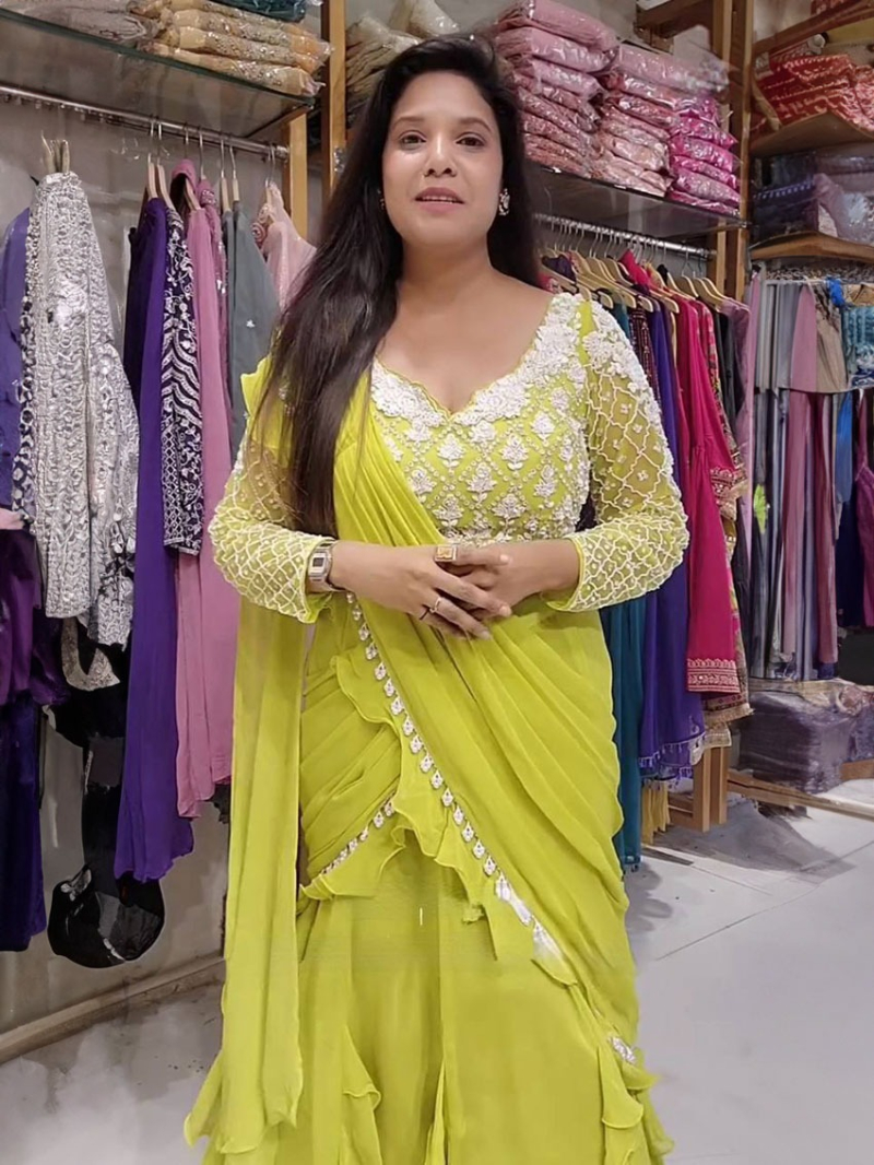 Designer Elegant Ethnic Lime Yellow Georgette Saree