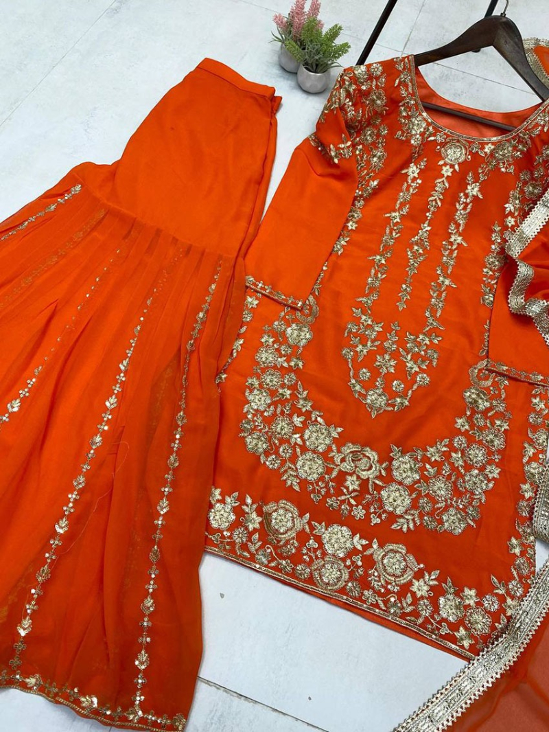 Ethnic Festive Traditional Orange Georgette Sharara Suit