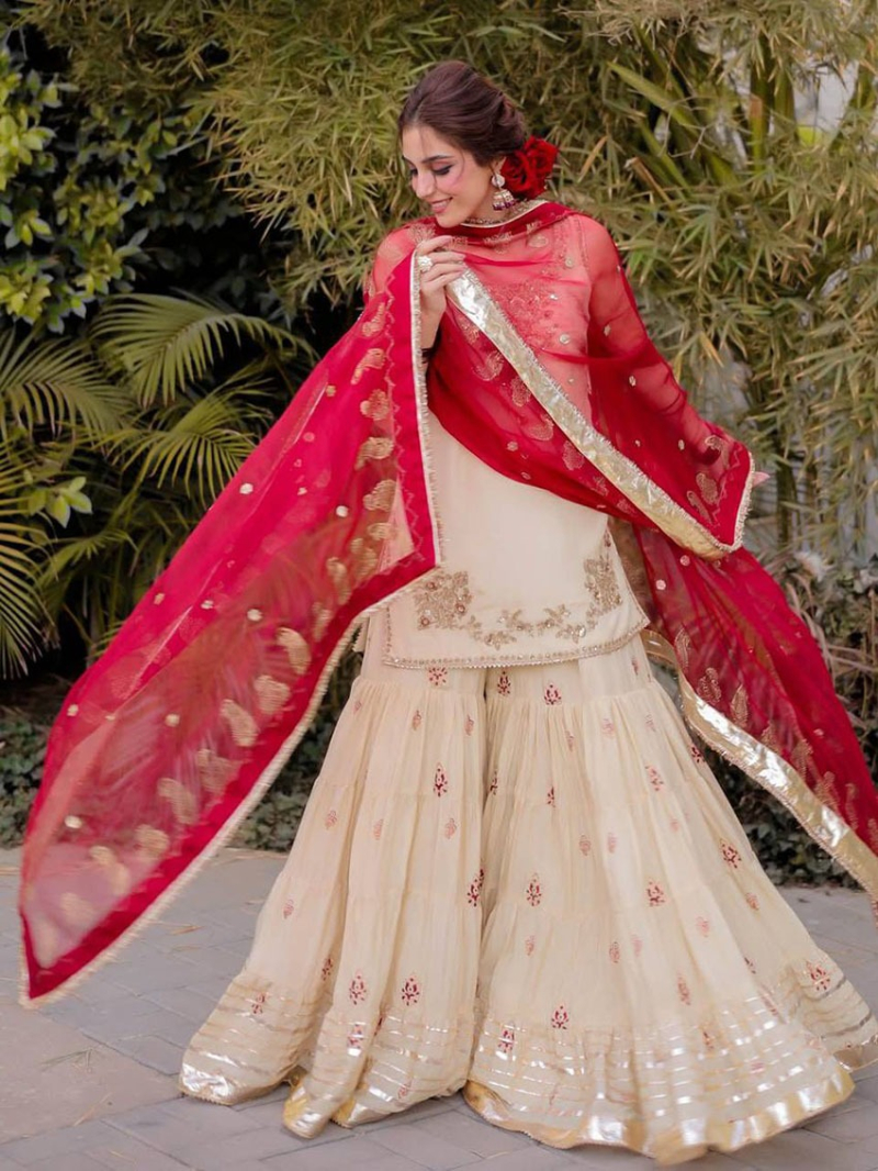 Designer Ethnic Festive Cream Chinnon Silk Sharara Suit