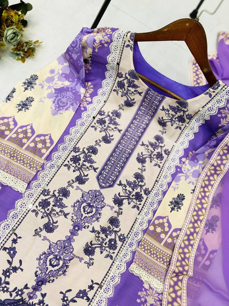 Traditional Ethnic Festive Lavender & Cream Muslin Straight Suit