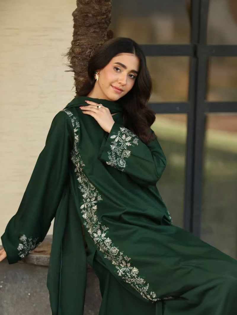 Traditional Festive  Deep Emerald Green Roman Silk Straight Suit