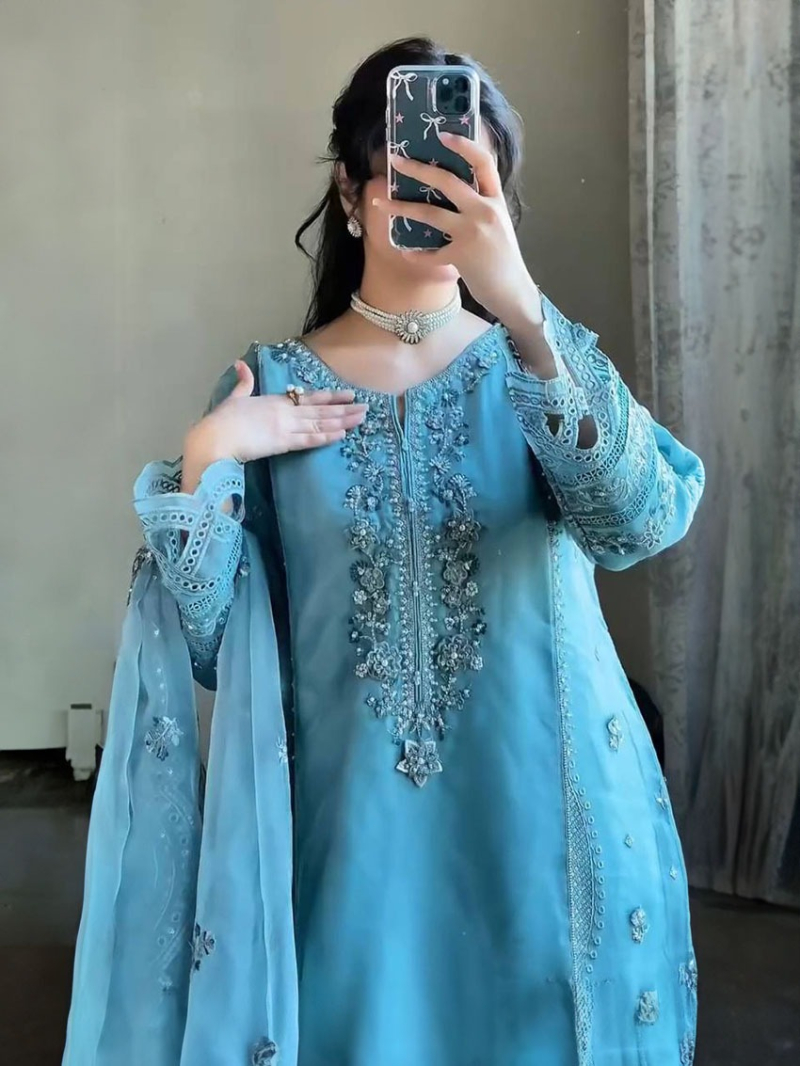 Traditional Elegant Festive Georgette Sky Blue Straight Suit