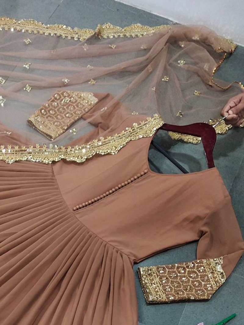 Elegant Festive Light Taupe Brown Embroidered Anarkali Gown Suit