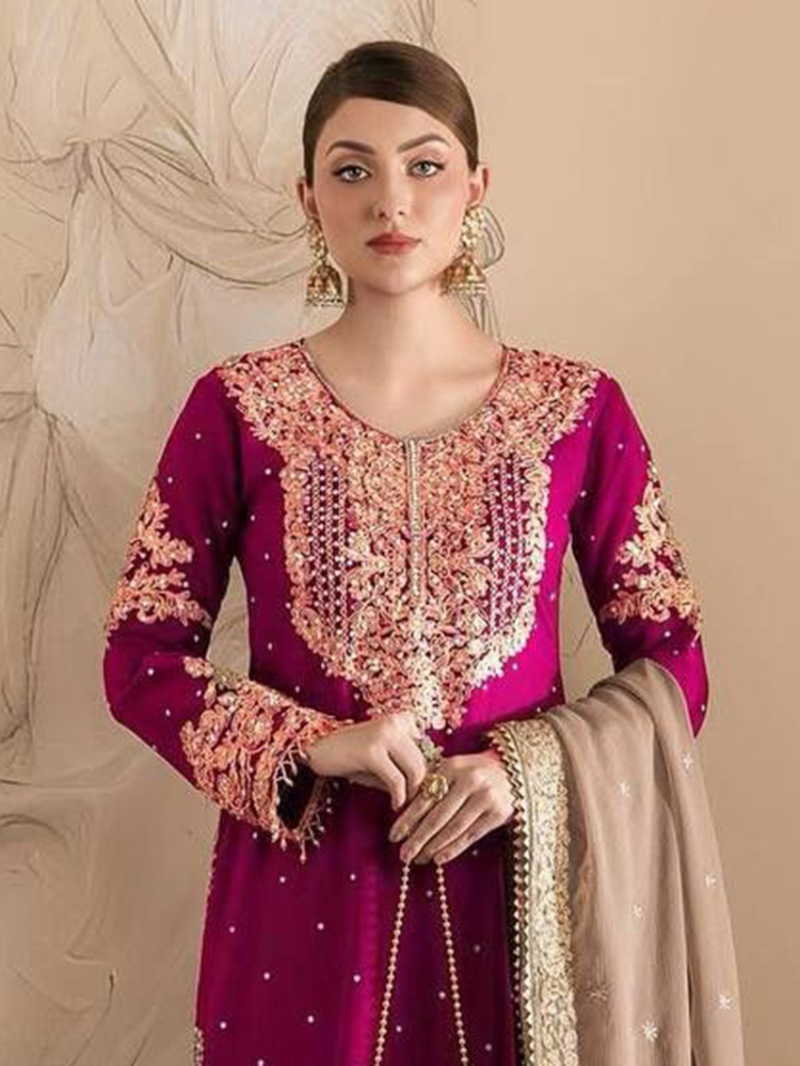 Elegant Ethnic Magenta Faux Georgette Embroidered Sharara Suit