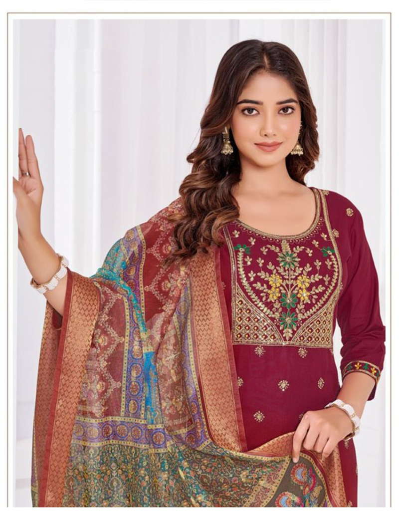 Traditional Casual Embroidered Maroon Rayon Straight Suit