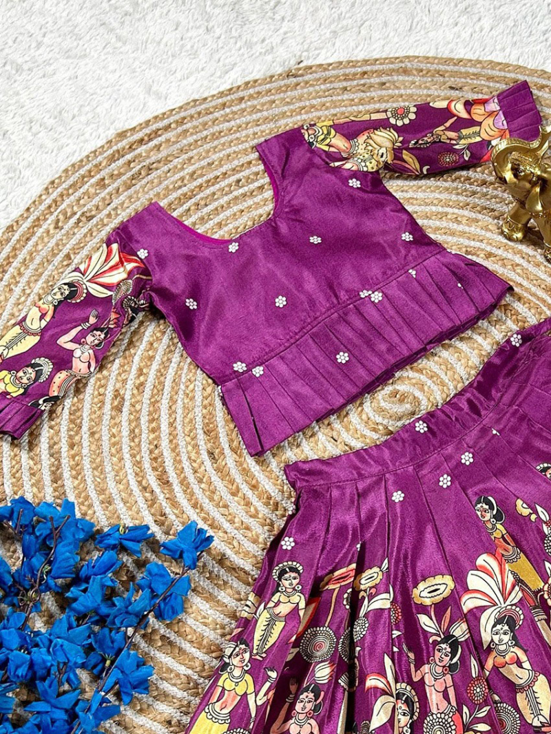 Ethnic Traditional Magenta Dola Silk Kids Lehanga Suit