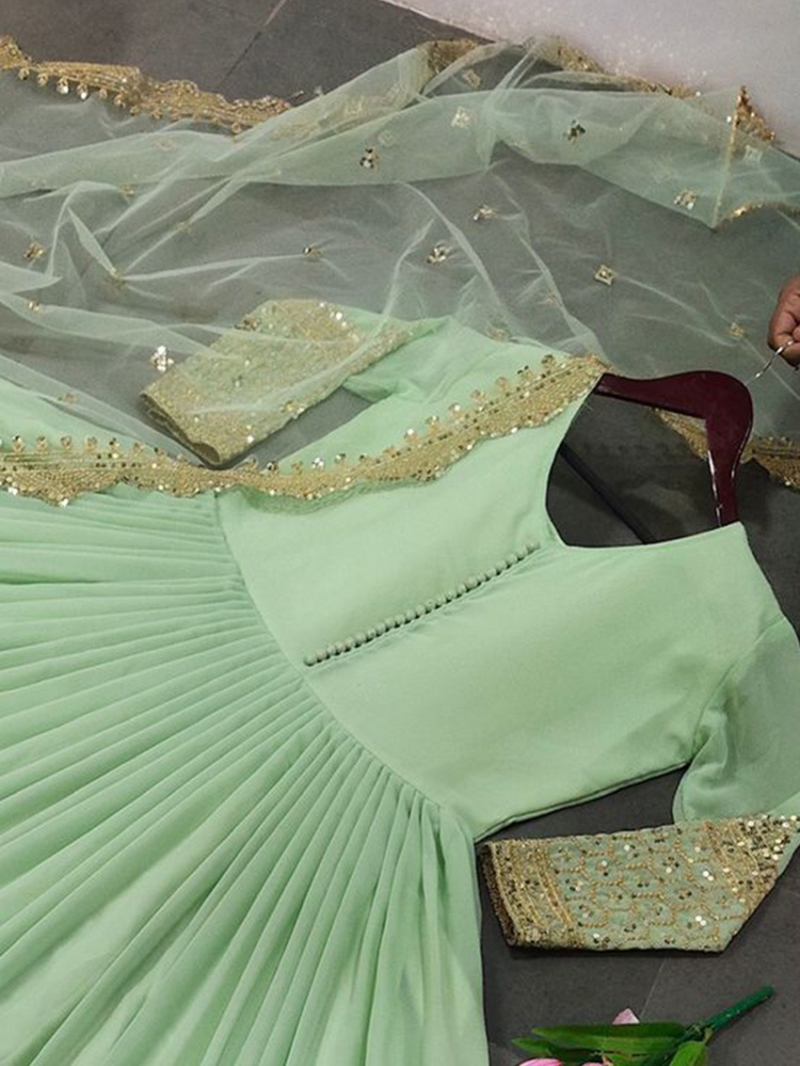 Ethnic Festive Traditional Mint Green Embroidered Anarkali Gown Suit