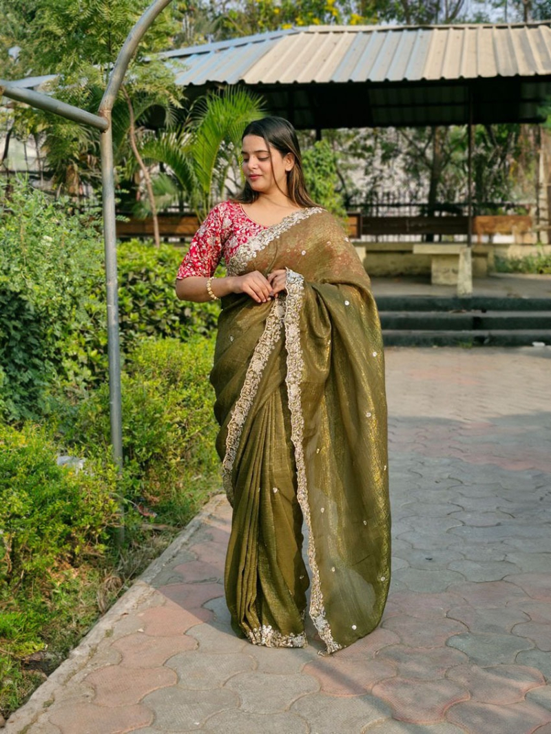 Traditional Ethnic Festive Olive Green Candy Crush Silk Saree
