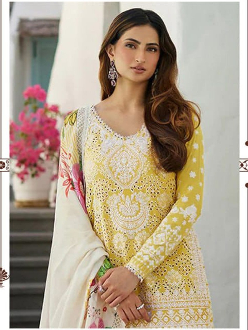 Yellow Embroidered Work Rayon Cotton Pakistani Plazo Suit