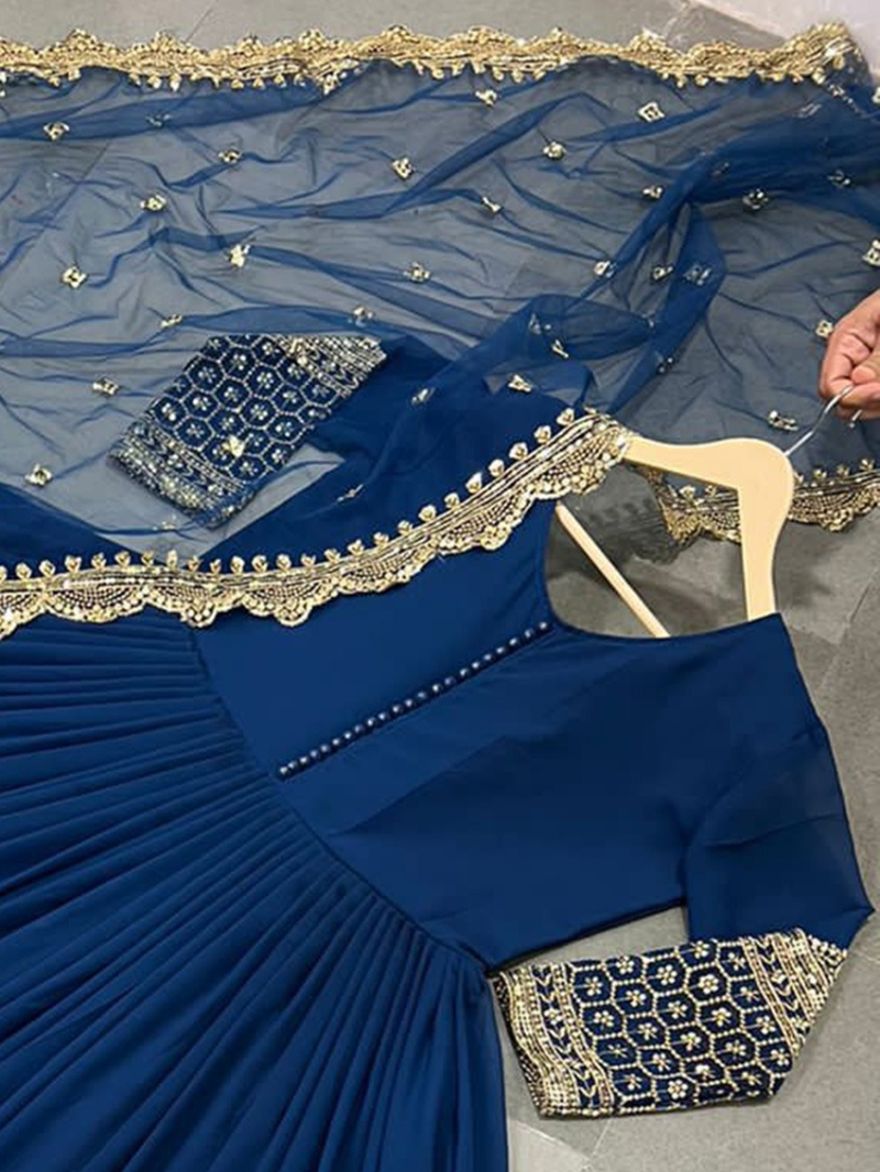 Elegant Festive Navy Blue Embroidered Anarkali Gown Suit