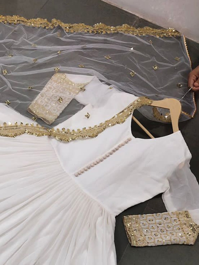 Authentic Ethnic Off White Embroidered Anarkali Gown Suit 
