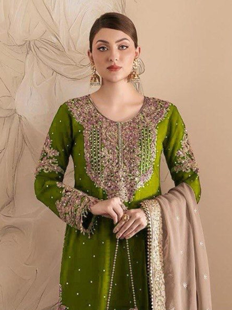 Elegant Traditional Olive Green Faux Georgette Embroidered Sharara Suit