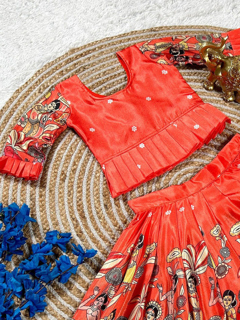 Ethnic Traditional Orange Dola Silk Kids Lehanga Suit