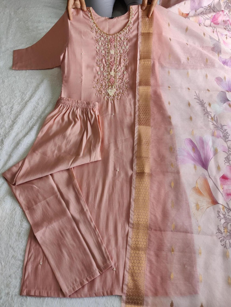 Ethnic Festival Peach Roman Silk Straight Suit